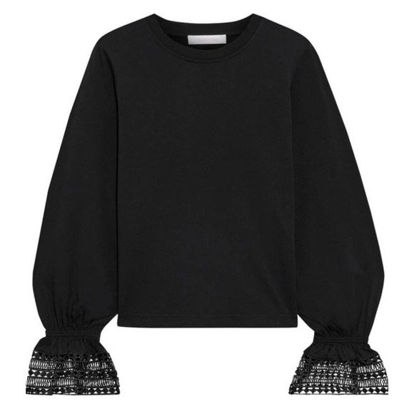 See by Chloe Cotton Crewneck Lace‎ Trim Bell Sleeve Guipure Blouse Black Size S - Picture 4 of 11